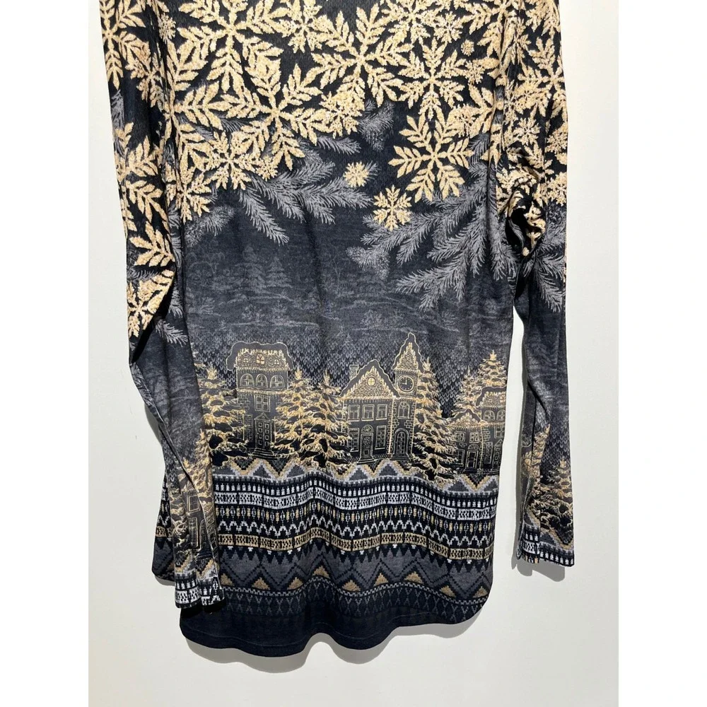 One World Winter Village Snowflake Gold Black V-Neck Long Sleeve Top‎ XXL